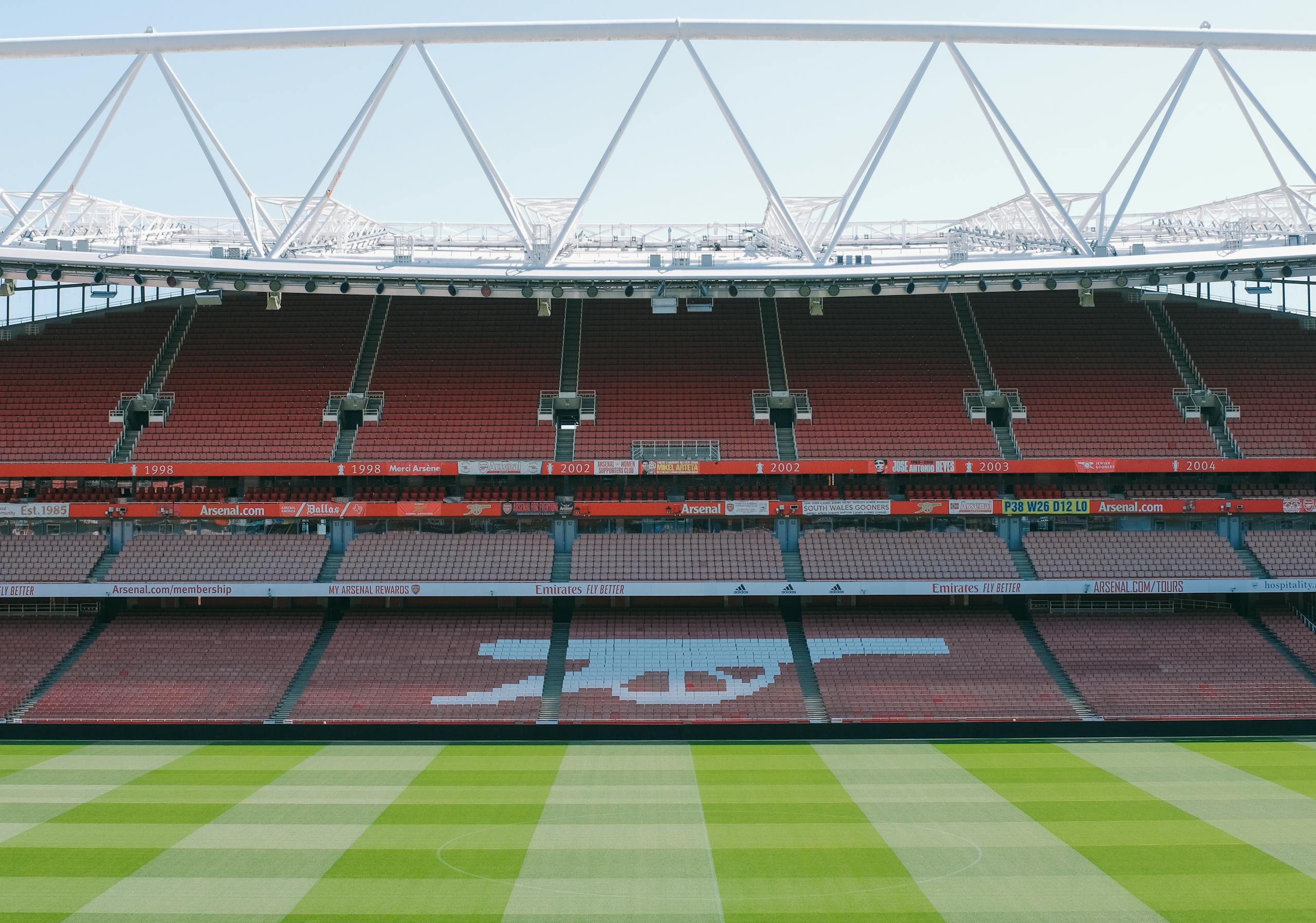 View of Arsenal's iconic Emirates Stadium with empty stands and lush football pitch.