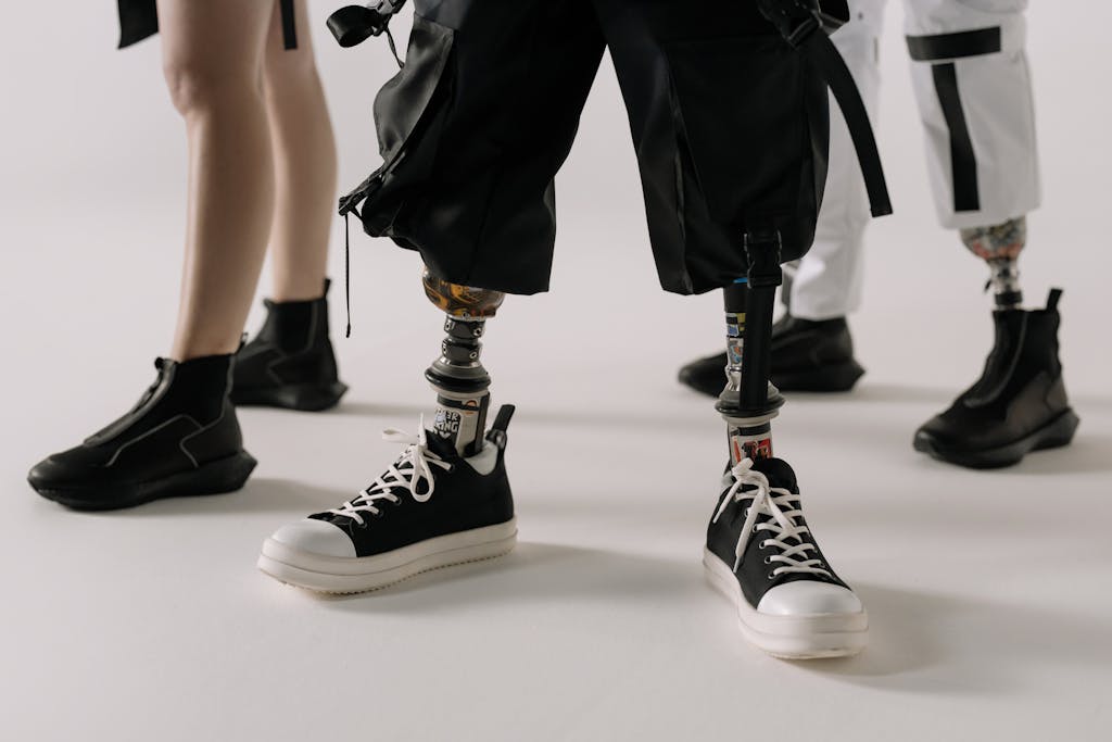 Focus on stylish footwear and advanced prosthetics in a contemporary setting.
